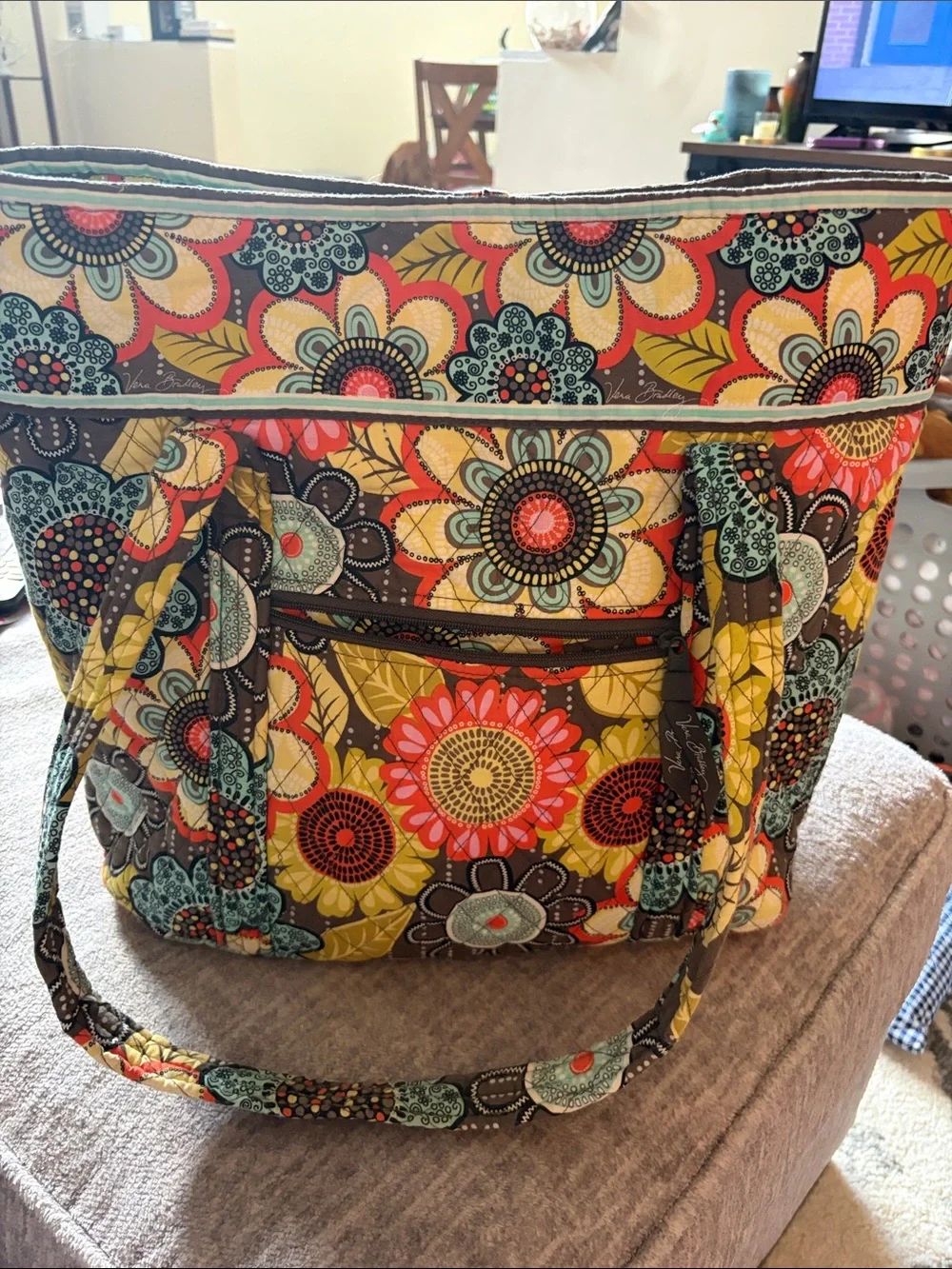 Vera Bradley Quilted Floral Tote in Coral, Teal, Yellow & Brown